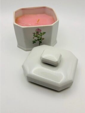 Vtg Merle Norman Pink Scented Candle in Octagonal Porcelain Jar